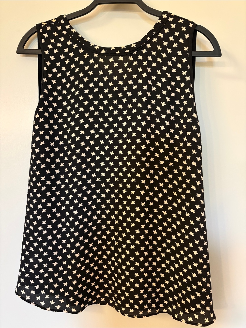 LOFT Mixed Media Black with Beige, Bird Print Sleeveless Blouse, Size L